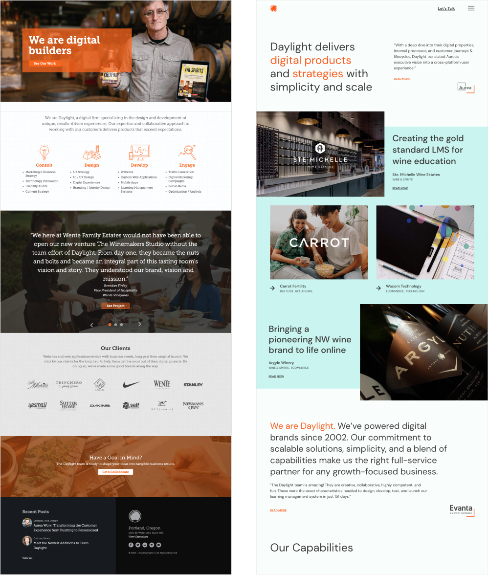 Two homepage design images, one of previous design and one of redesign