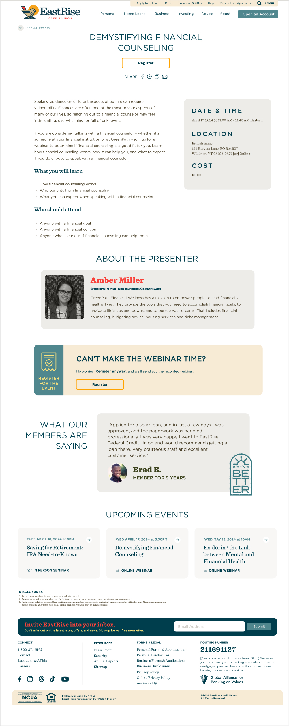 Individual event page for EastRise Credit Union