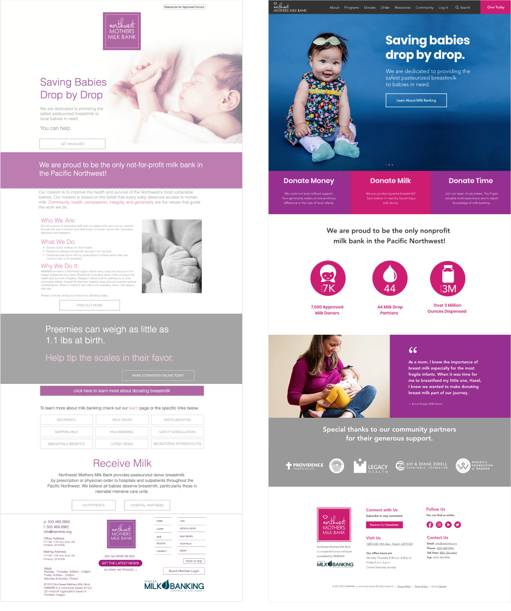 Two images, previous homepage design on left, and redesigned homepage on right