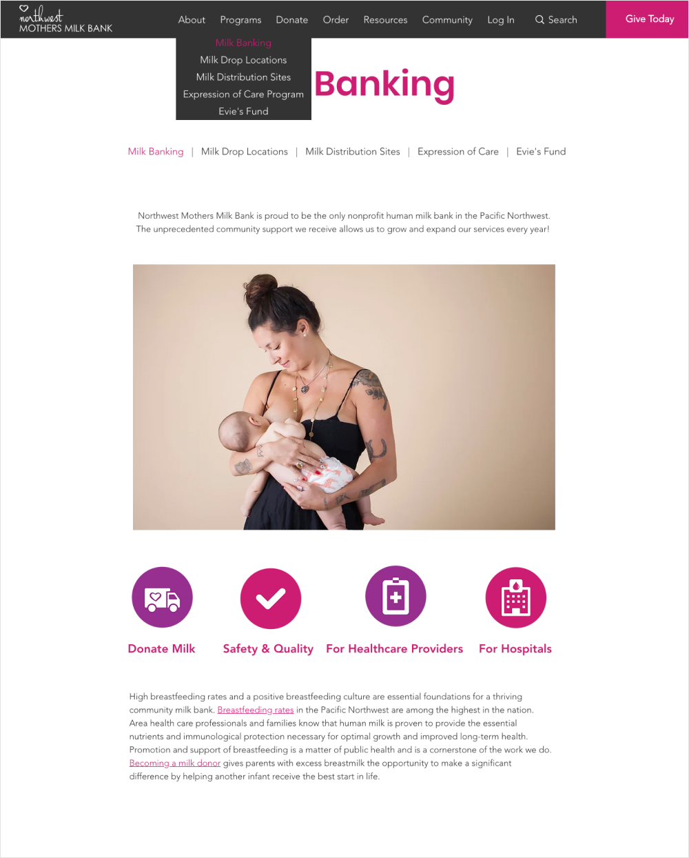 Page template design for Northwest Mothers Milk Bank
