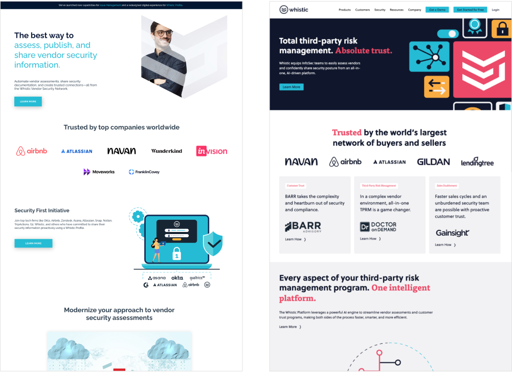 Two images, previous homepage design on left, and redesigned homepage on right