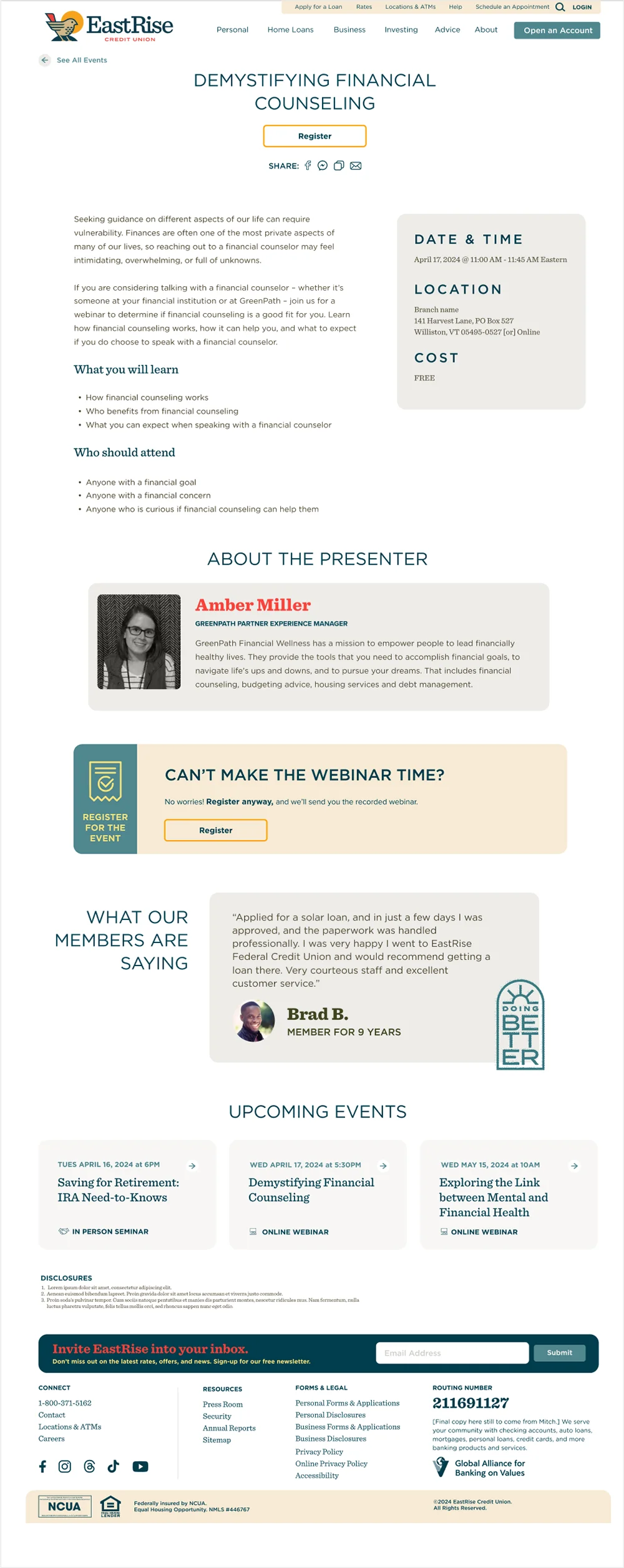 event page template redesign for desktop for EastRise Credit Union